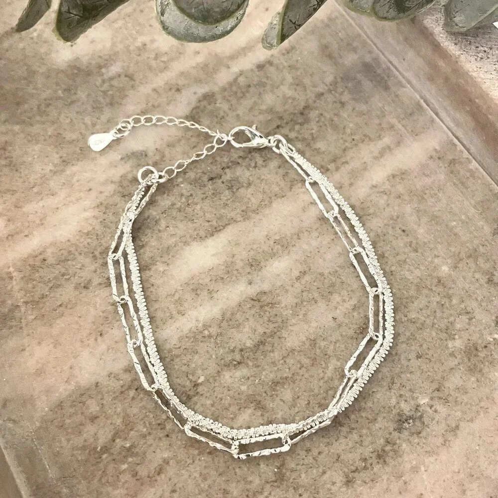 925 Sterling Silver Thin Multi Layer Bracelet Sequin Paperclip Link Bracelet - Picture 3 of 5